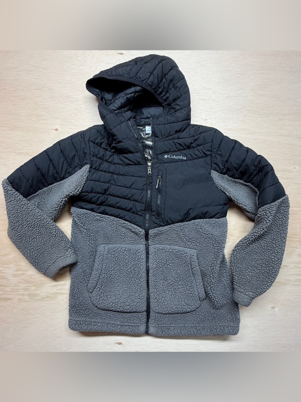 Columbia Youth Boys Large 14/16 Omni-Heat Puffer Sherpa Fleece Jacket Grey Black